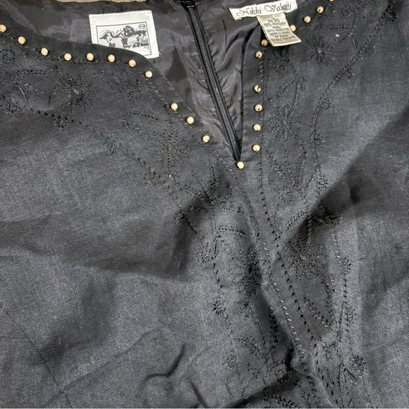 Nikki Valenti 100% Irish Linen Midi Dress Sz 20 Black Embroidered Sleeveless - Picture 13 of 14